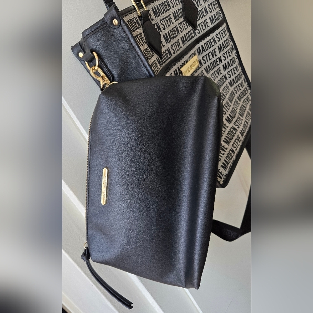 Steve Madden Black & Grey, Repeat Logo Shopper Handbag with removable Extra Bag - Picture 2 of 13